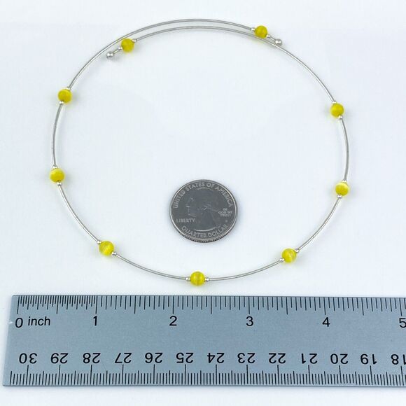 Sterling Silver Memory Wire Yellow Simulated Cat's Eye Bead Choker Necklace 16" - Picture 3 of 3
